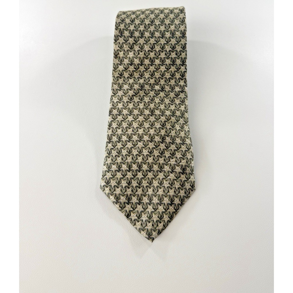 Chaps Ralph Lauren Mens Silk Tie Olive Green Tan Black Geometric Star USA Made